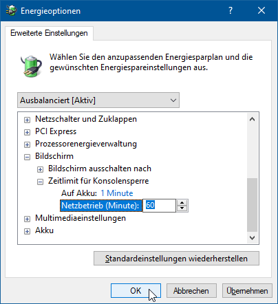 Monitor StandBy nach Windows Sperre – Zeit einstellen